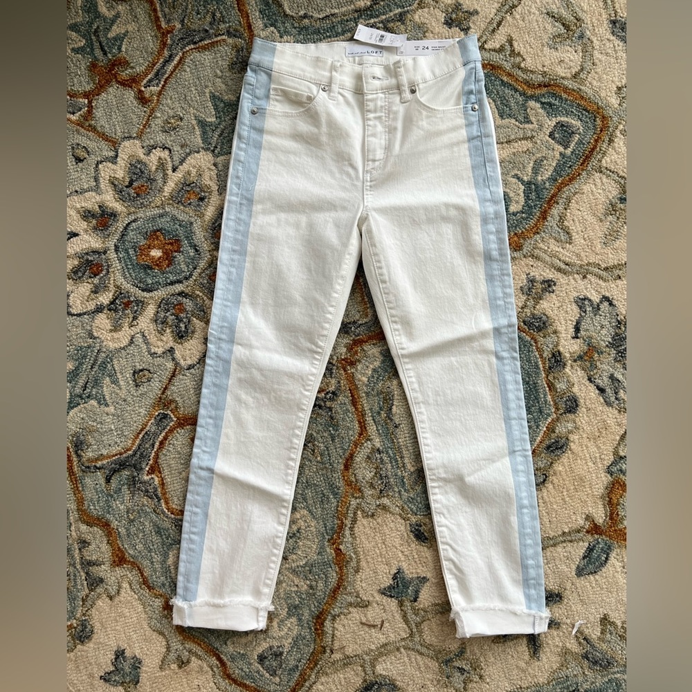 Loft High Waist Skinny Crop White Jeans with Stripe 00 (24)